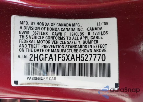 2010 Honda Civic Lx z USA, uszkodzony, nr VIN 2HGFA1F5XAH527770